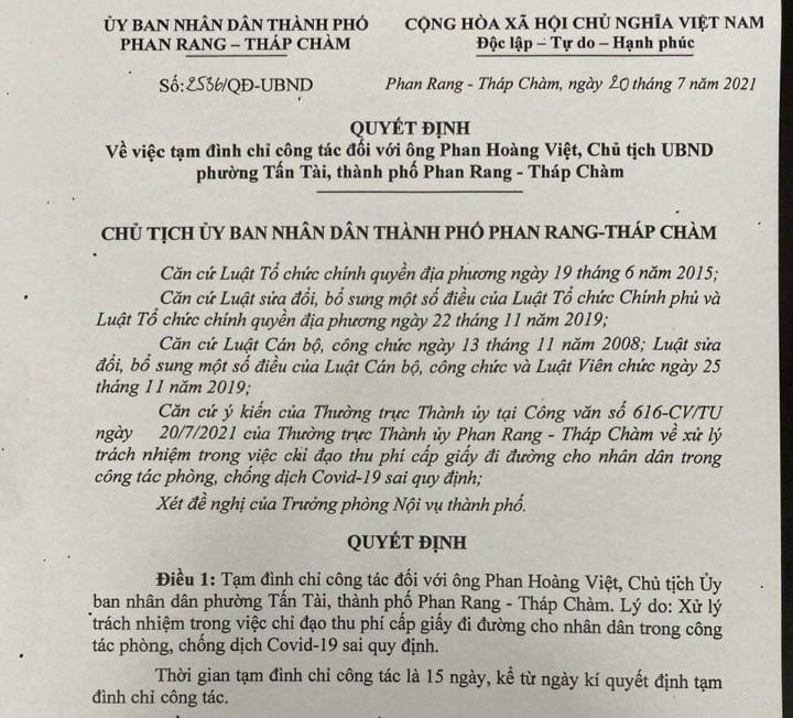 Quyết định tạm đình chỉ công tác chủ tịch UBND phường Tấn Tài, TP. Phan Rang - Tháp Chàm