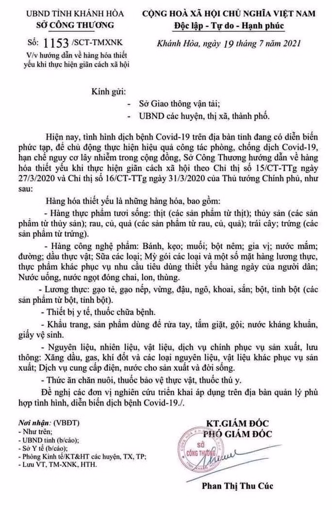 Văn bản hướng dẫn mặt hàng thiết yếu của Sở Công thương Khánh Hoà.