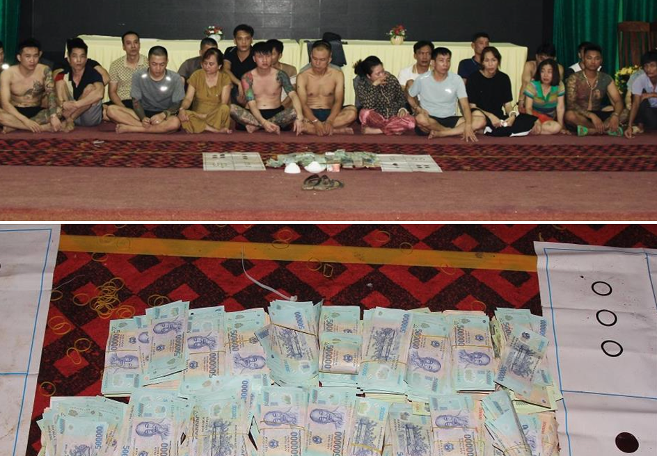 Các đối tượng đánh bạc cùng tang vật. Ảnh: BCA.