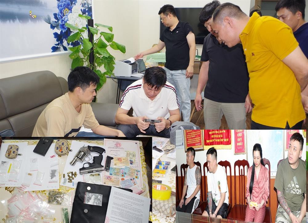 Các đối tượng cùng tang vật vụ án.