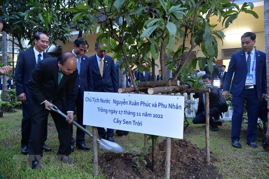 Chủ tịch nước Nguyễn Xuân Phúc trồng cây lưu niệm tại khuôn viên Đại sứ quán. (Ảnh: Huy Tiến/TTXVN)