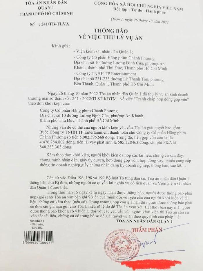 Thông báo về việc thụ lý vụ án được ông Jimmy Phạm Nghiêm công khai.