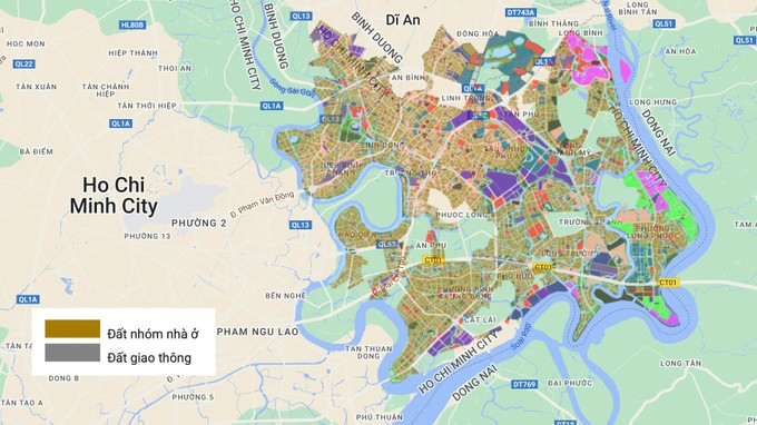 Bản đồ quy hoạch đất đai ở TP Thủ Đức với nhóm đất nhà ở chiếm chủ đạo, trong khi màu sắc hiển thị đất giao thông gần như "chìm nghỉm" (Ảnh: UBND TP Thủ Đức). Bản đồ quy hoạch đất đai ở TP Thủ Đức với nhóm đất nhà ở chiếm chủ đạo, trong khi màu sắc hiển thị đất giao thông gần như "chìm nghỉm" (Ảnh: UBND TP Thủ Đức).