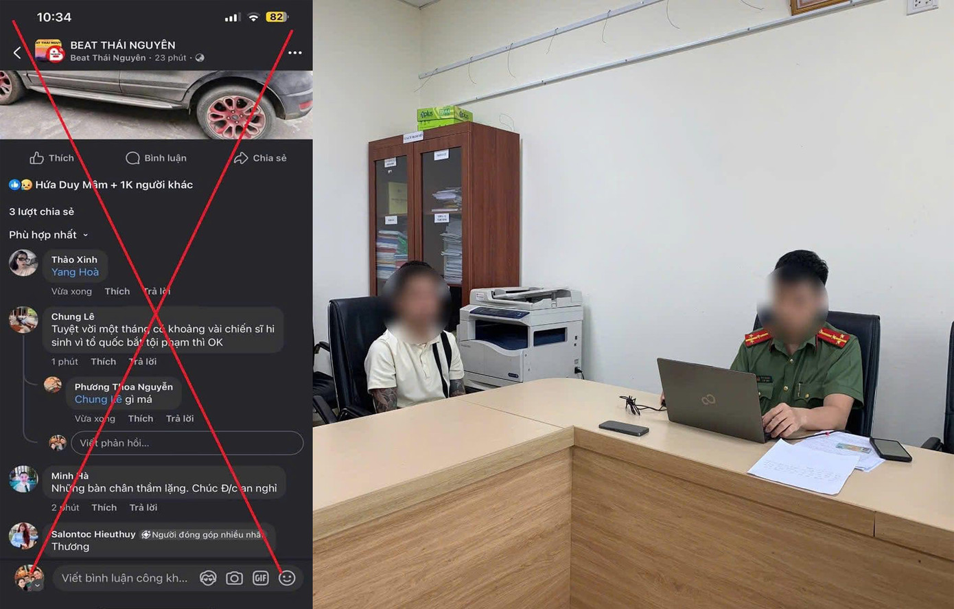Công an tỉnh Thái Nguyên mời một người lên làm việc liên quan bình luận với nội dung xấu độc trên mạng xã hội.