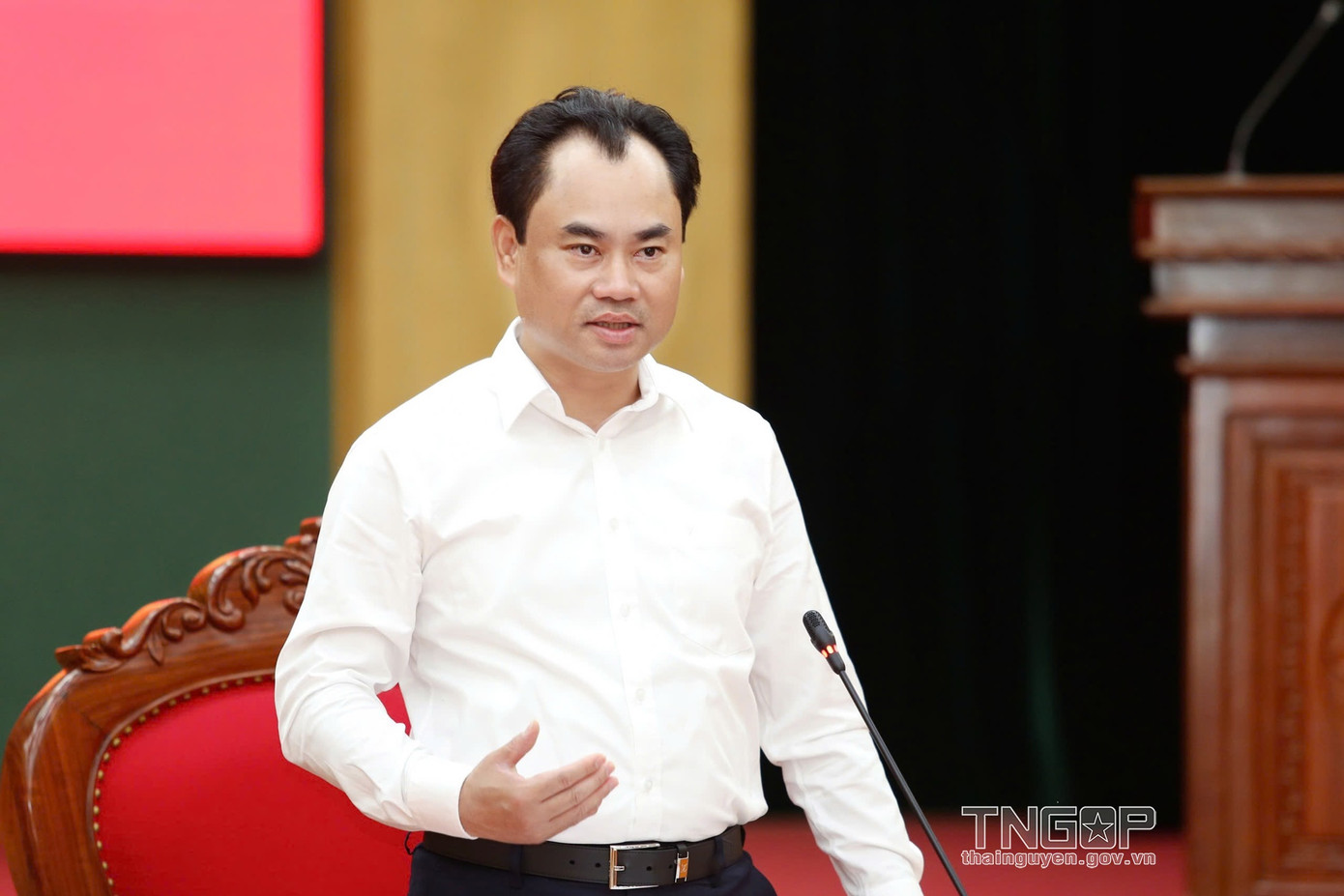 Bí thư Tỉnh ủy Thái Nguyên Trịnh Việt Hùng phát biểu tại hội nghị. Ảnh: TNGOP.
