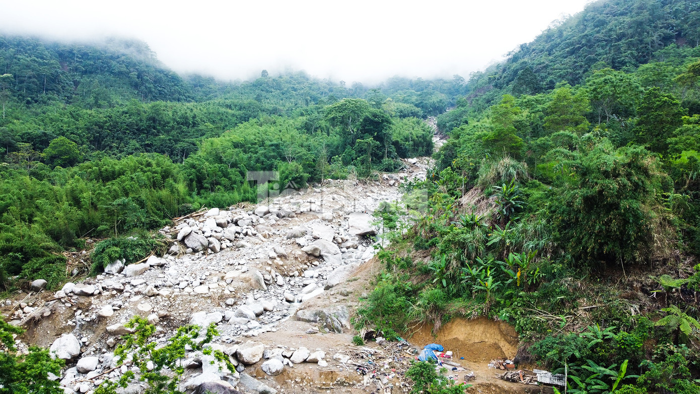 Dòng suối ở đầu nguồn cũng ngổn ngang màu trắng của những tảng đá lớn nhỏ giữa hai bên các đồi cây.