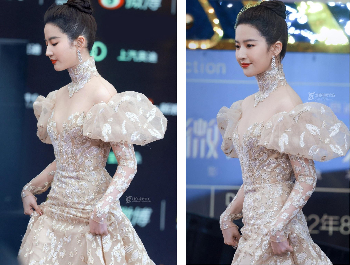 Nàng &quot;Tiểu Long Nữ&quot; tỏa sáng trên thảm đỏ sự kiện trong bộ cánh công chúa lộng lẫy, kiêu kỳ. Thiết kế xuyên thấu ở phần trên giúp Lưu Diệc Phi khoe được thềm ngực sexy. Được biết, đây là bộ trang phục may đo cao cấp của thương hiệu Elie Saab. Mái tóc búi cao, trang sức kim cương đắt giá và đôi môi đỏ tươi bổ sung thêm cho diện mạo hoàn hảo.