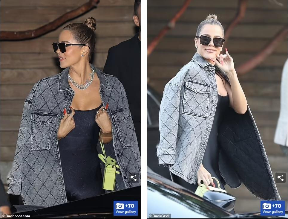 Khloe Kardashian rạng ngời và thời thượng với trang phục liền thân đen bó sát và áo khoác jean.