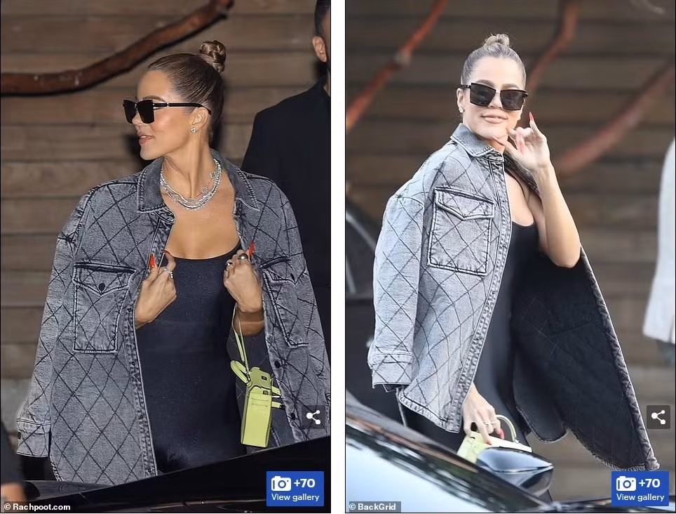 Khloe Kardashian rạng ngời và thời thượng với trang phục liền thân đen bó sát và áo khoác jean.