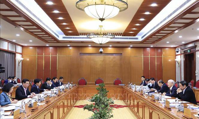Tổng Bí thư Nguyễn Phú Trọng chủ trì họp Bộ Chính trị sáng 11/3/2022. Ảnh: Thống Nhất/TTXVN.