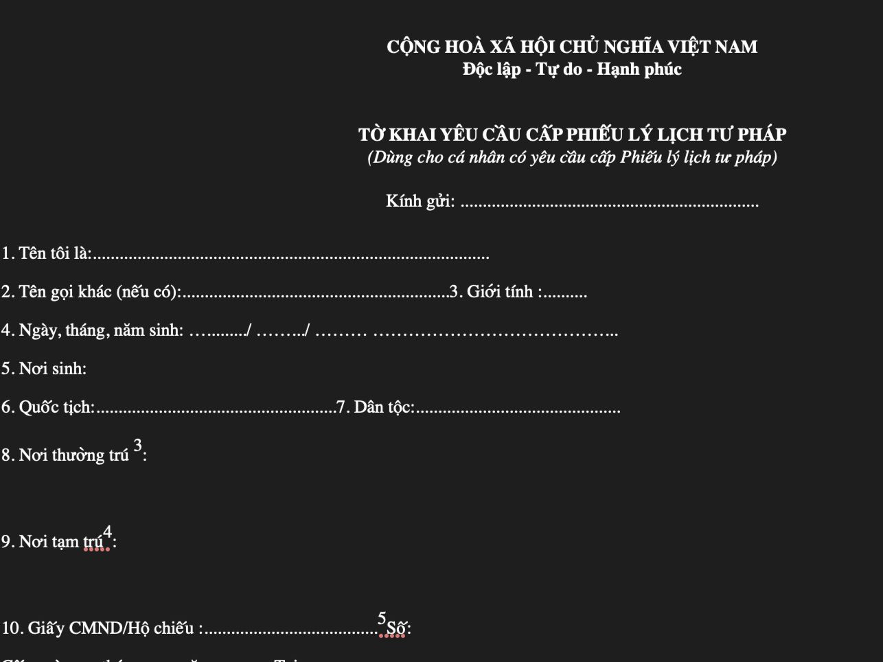 Tờ khai cấp lý lịch trên cổng dịch vụ công.