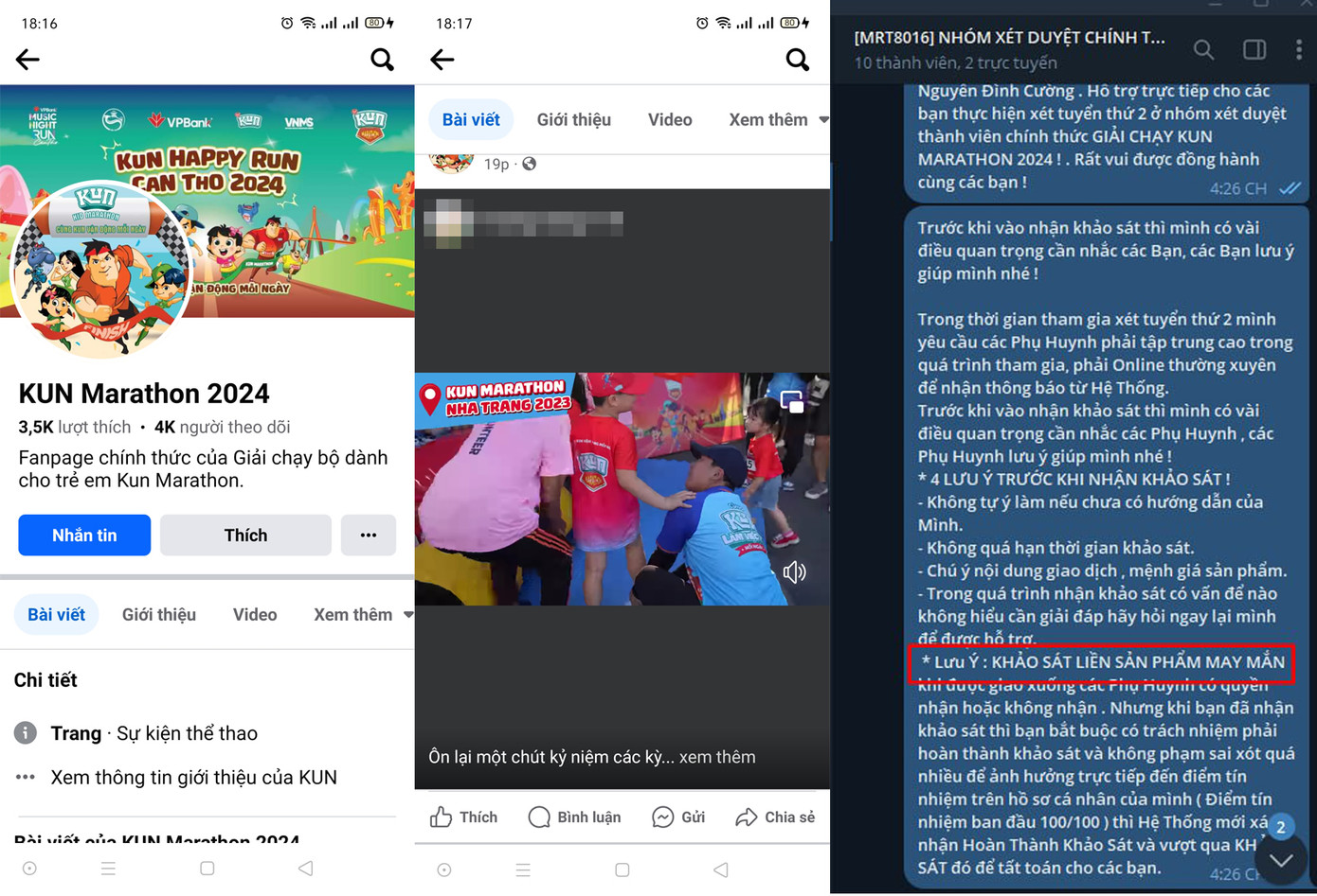 Trang Facebook quảng cáo và nhóm lừa đảo.
