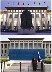 Bức ảnh trên chụp ngày 28/2/2011 cho thấy tượng Khổng Tử được đặt trước Viện bảo tàng Quốc gia nhưng bức ảnh dưới chụp ngày 21-4-2011 cho thấy bức tượng cao 7.9m đã biến mất (ảnh: Reuters)