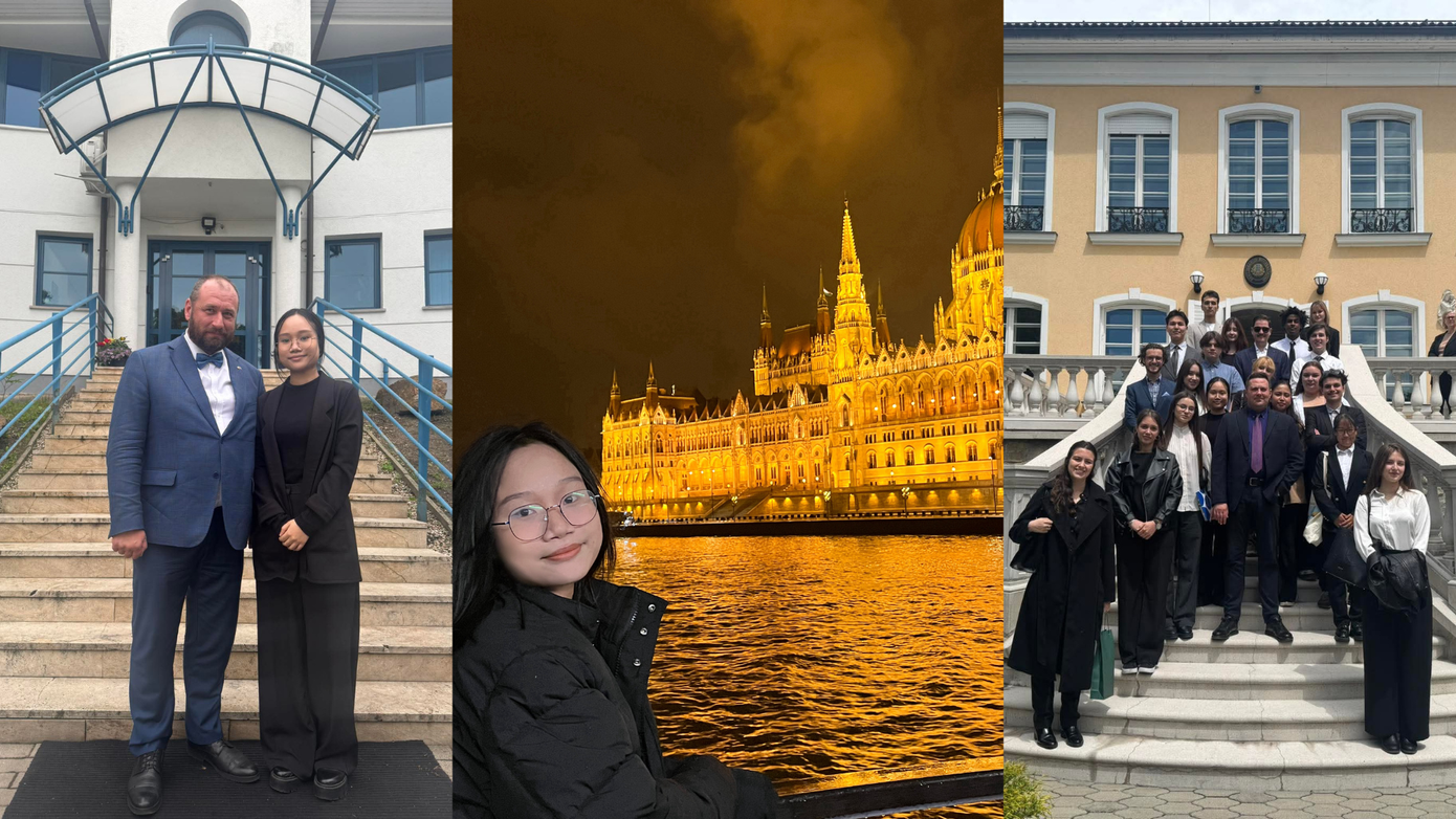 Bảo Châu tới thăm Đại sứ quán các nước Ukraine (bên trái), Estonia (bên phải) và ngắm nhìn Tòa nhà Quốc hội Hungary (giữa).