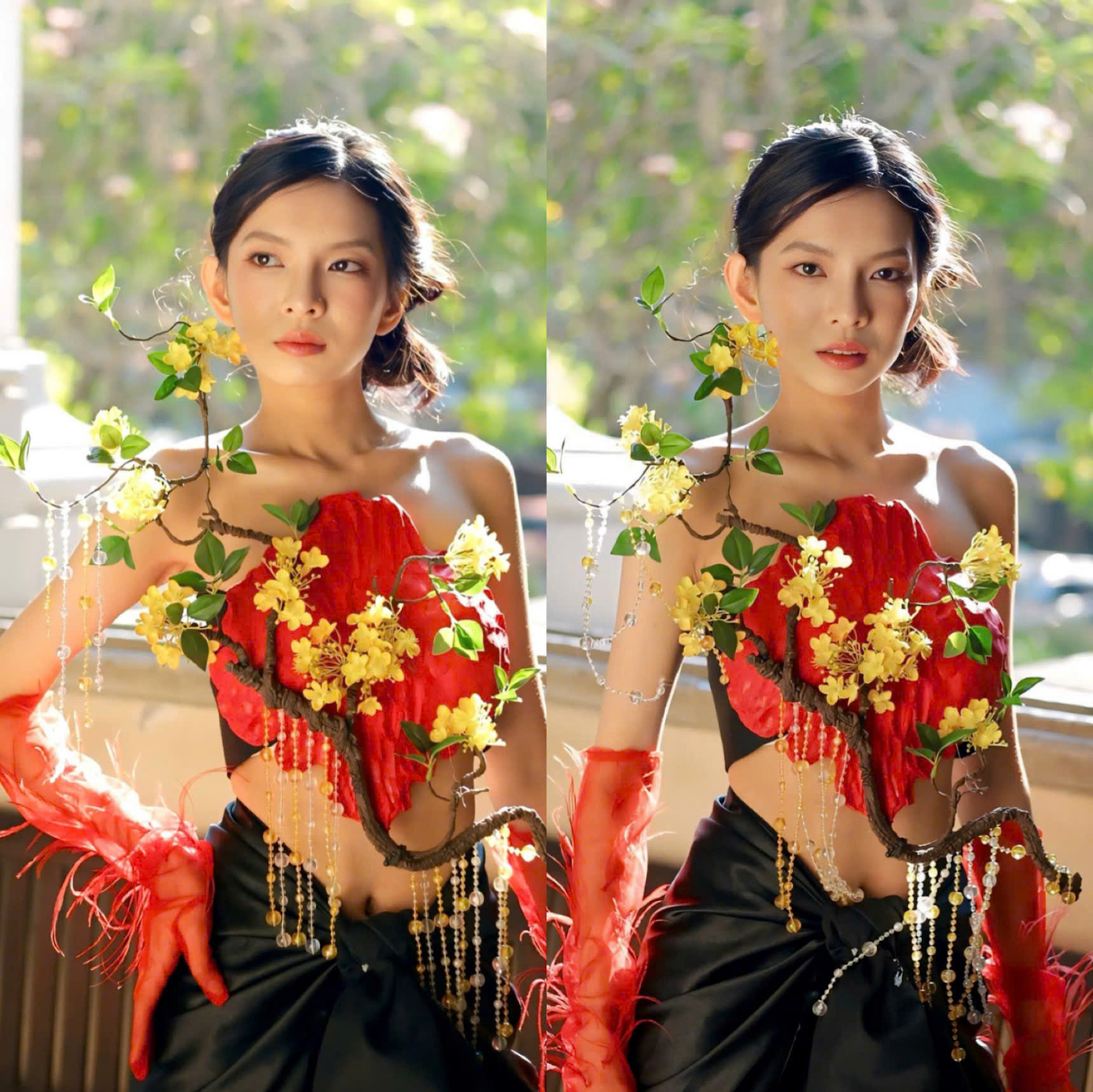 Mẫu thiết kế áo yếm cách tân làm từ đất sét, kết hợp họa tiết cành mai đầy tinh tế, phối cùng phụ kiện găng tay lông vũ, mang đến sự giao thoa giữa nghệ thuật truyền thống và phong cách hiện đại. Mẫu thiết kế áo yếm cách tân làm từ đất sét, kết hợp họa tiết cành mai đầy tinh tế, phối cùng phụ kiện găng tay lông vũ, mang đến sự giao thoa giữa nghệ thuật truyền thống và phong cách hiện đại.