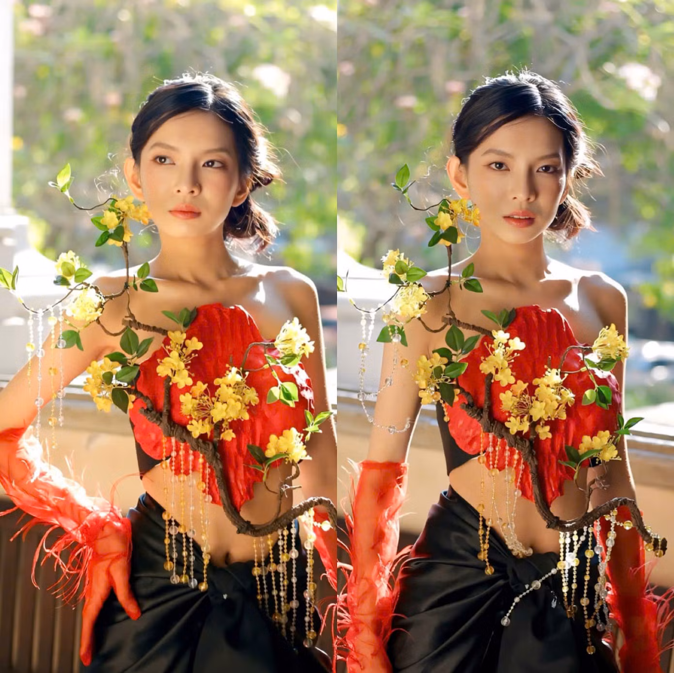 Mẫu thiết kế áo yếm cách tân làm từ đất sét, kết hợp họa tiết cành mai đầy tinh tế, phối cùng phụ kiện găng tay lông vũ, mang đến sự giao thoa giữa nghệ thuật truyền thống và phong cách hiện đại.