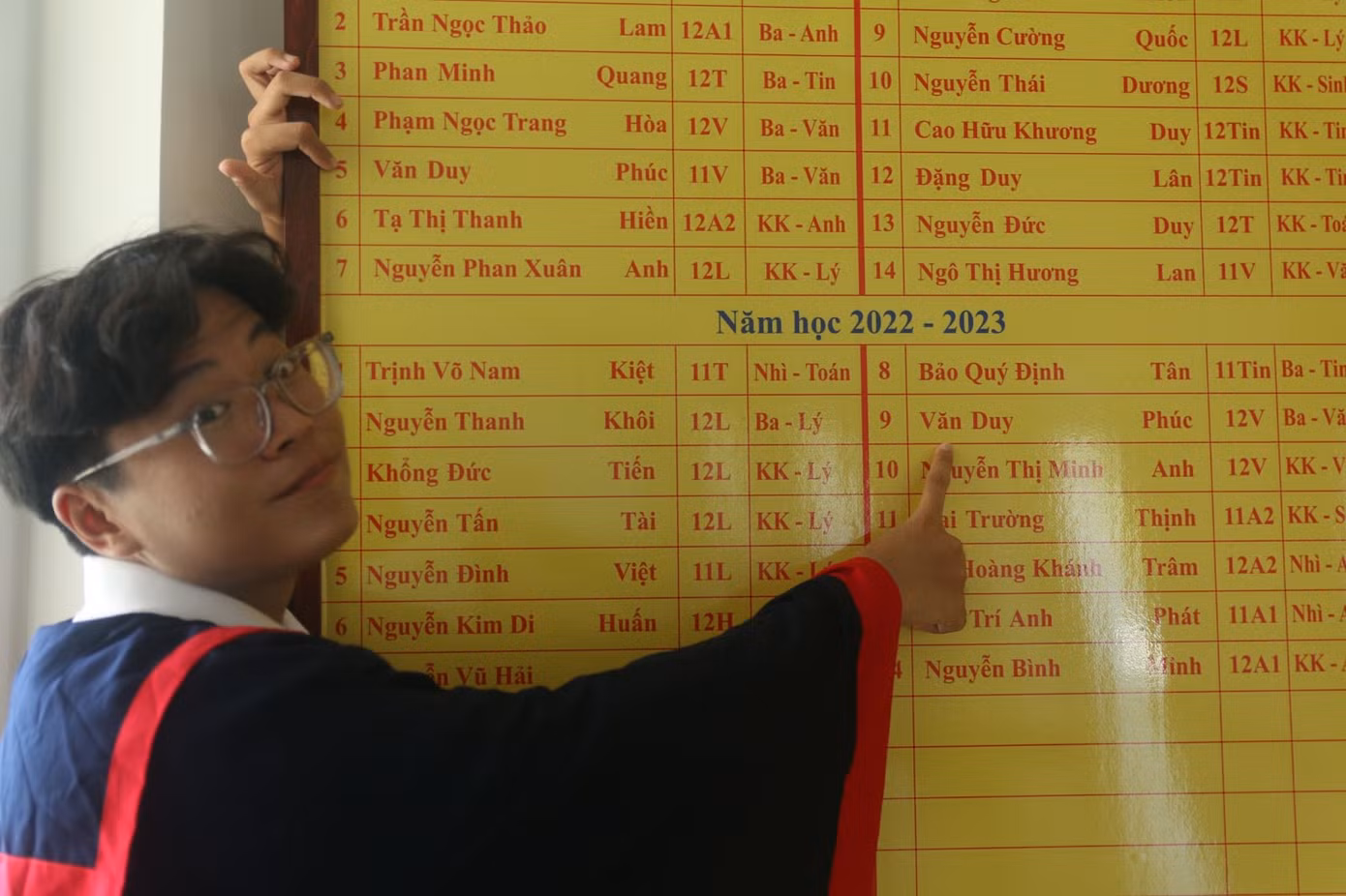 Phúc chụp hình cùng bảng vàng với hai giải Ba học sinh giỏi Quốc gia môn Ngữ văn tại Trường THPT chuyên Lê Quý Đôn – Khánh Hòa.