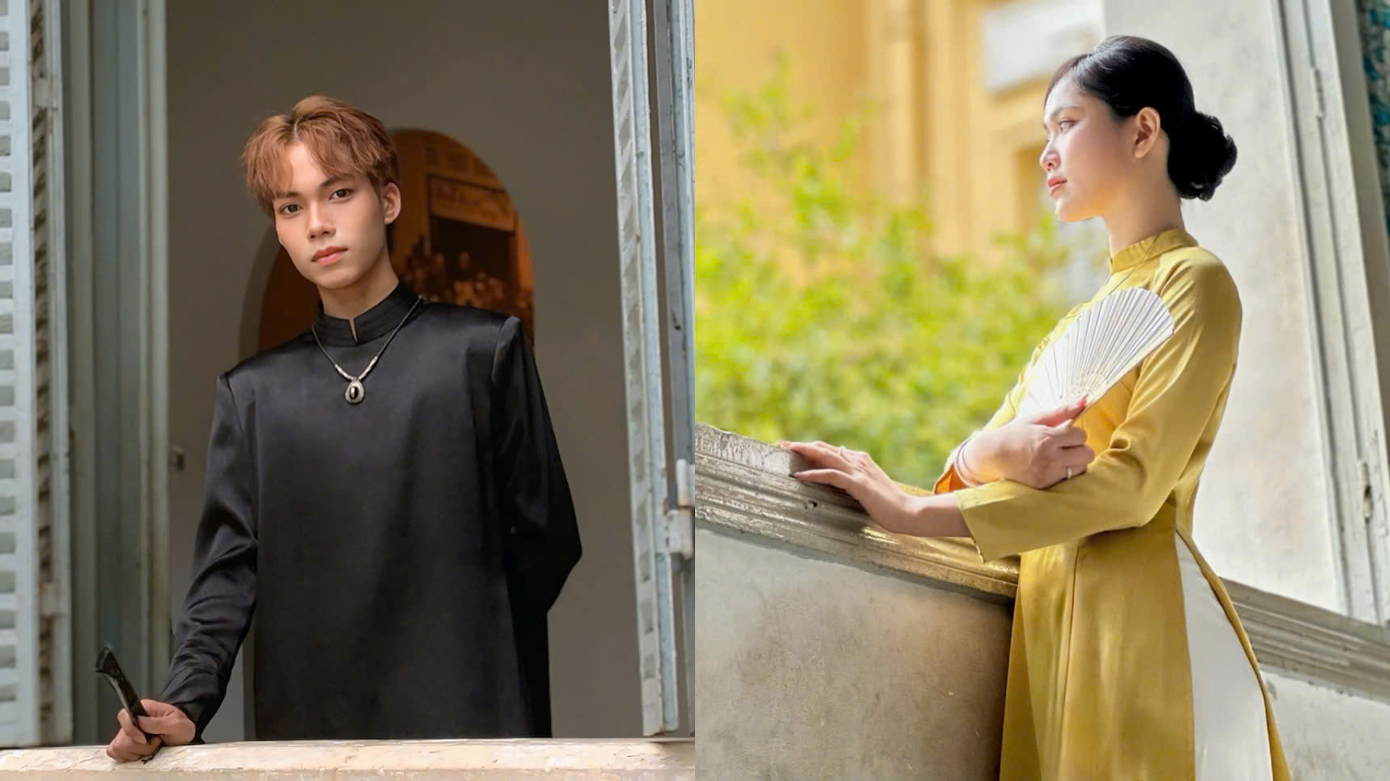 Bên trái là mẫu thiết kế áo dài cách tân với cầu vai độn, phối cùng quần ống loe, mang đến vẻ ngoài năng động, hiện đại. Bên phải là mẫu thiết kế áo dài đặc biệt của Quang Khải, thể hiện sự tinh tế và sáng tạo, là tác phẩm mà anh tự hào nhất. Bên trái là mẫu thiết kế áo dài cách tân với cầu vai độn, phối cùng quần ống loe, mang đến vẻ ngoài năng động, hiện đại. Bên phải là mẫu thiết kế áo dài đặc biệt của Quang Khải, thể hiện sự tinh tế và sáng tạo, là tác phẩm mà anh tự hào nhất.