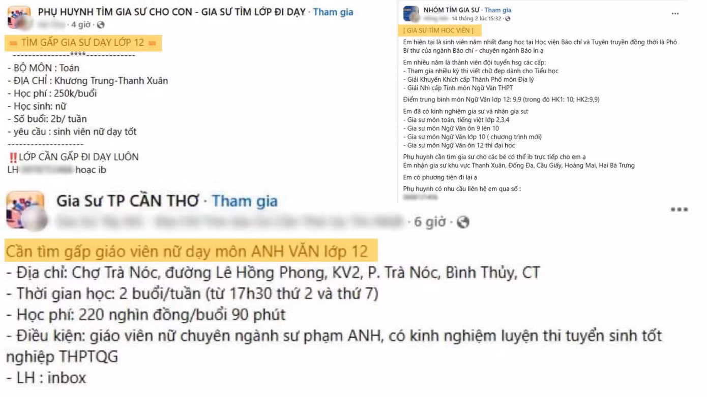 Những bài viết về việc tìm gia sư xuất hiện dày đặc trên mạng xã hội. (ảnh chụp màn hình)