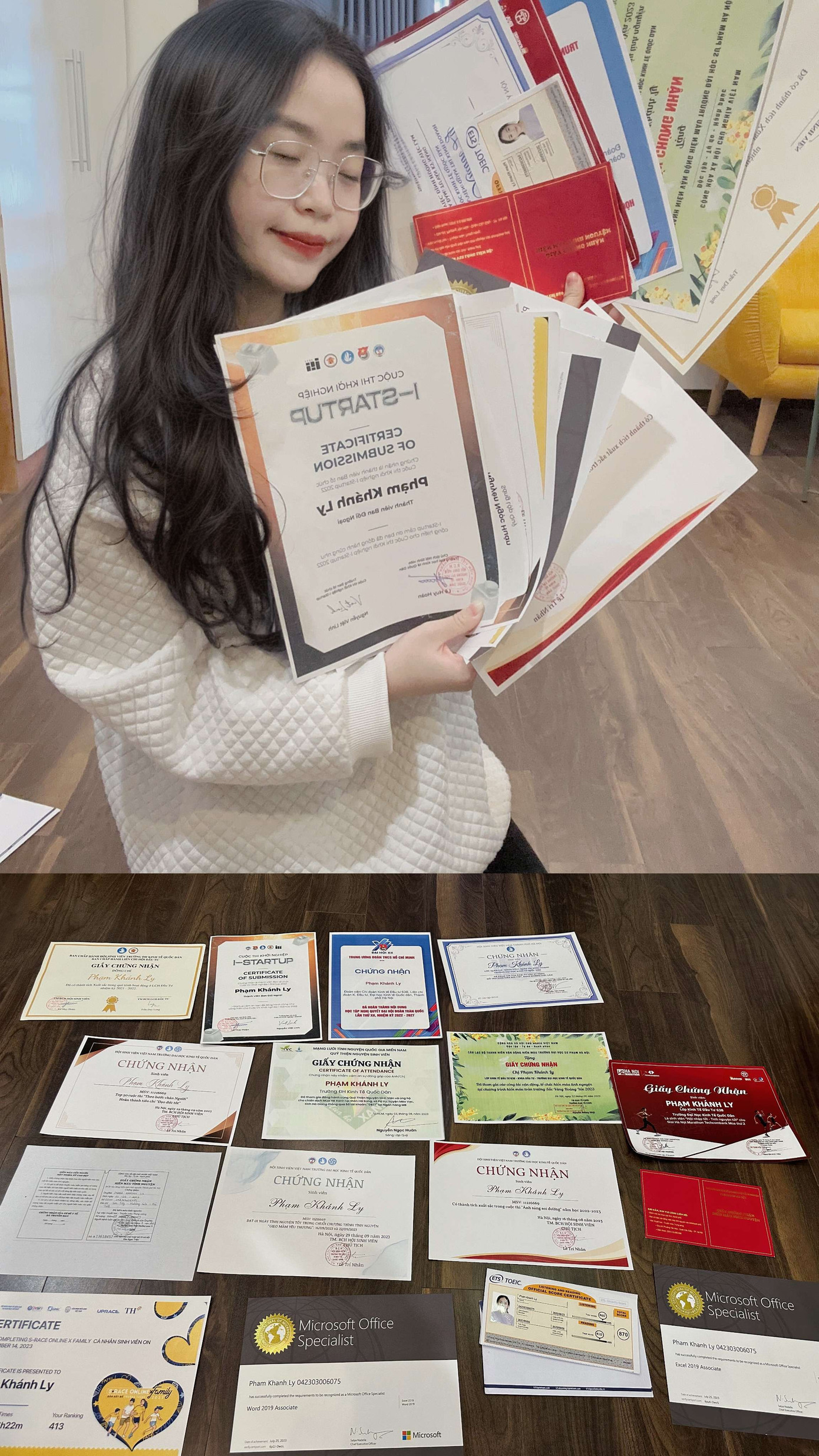 Khánh Ly chụp ảnh cùng các giấy chứng nhận. Khánh Ly chụp ảnh cùng các giấy chứng nhận.