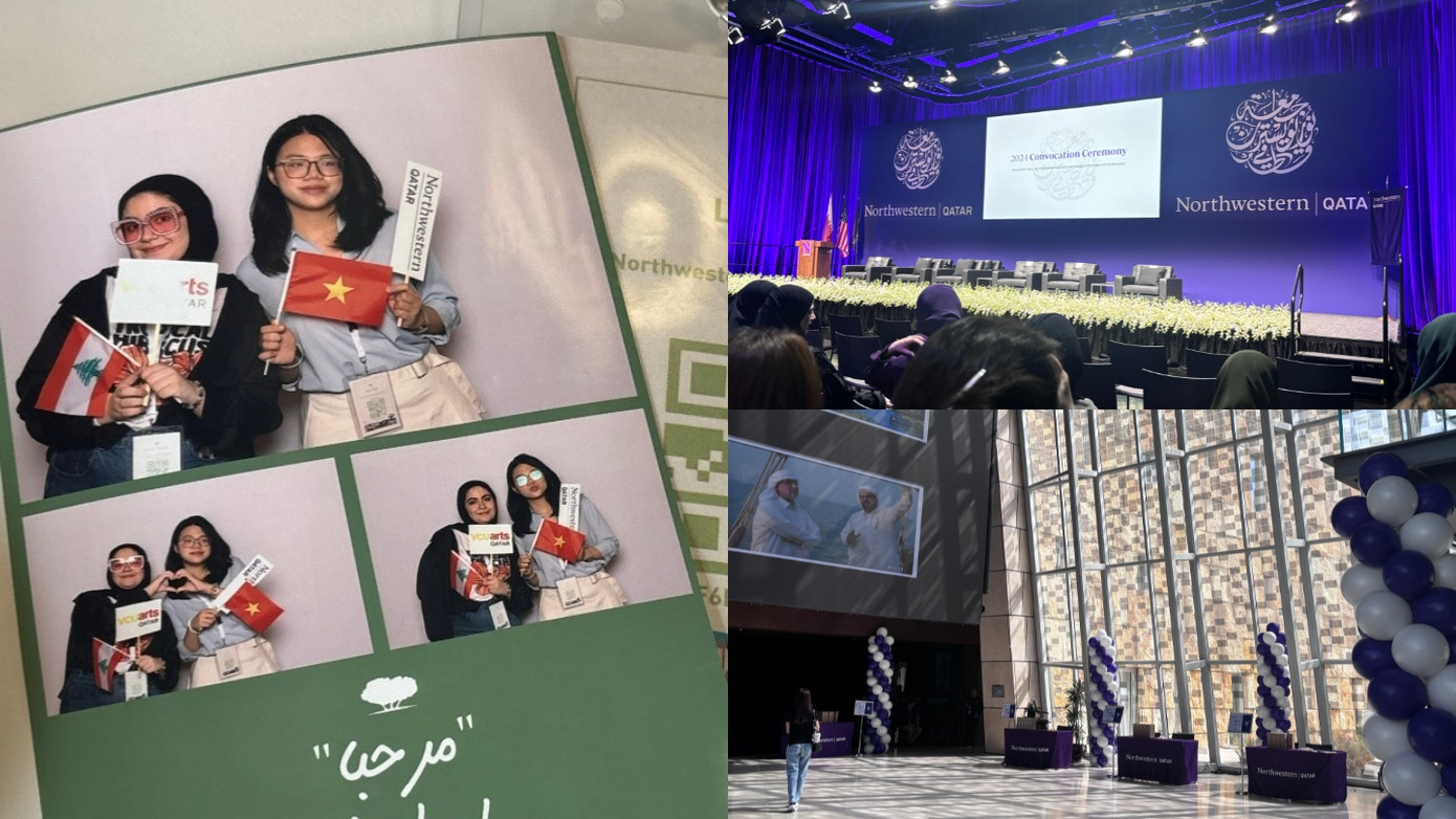 Kỷ niệm của Linh cùng bạn học trong ngày khai giảng tại Northwestern Qatar.