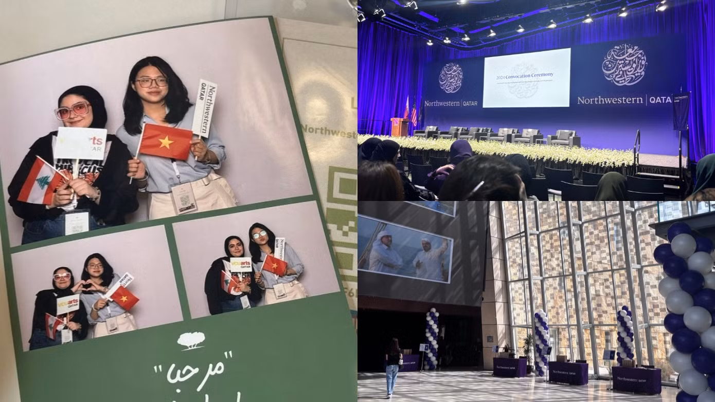 Kỷ niệm của Linh cùng bạn học trong ngày khai giảng tại Northwestern Qatar.