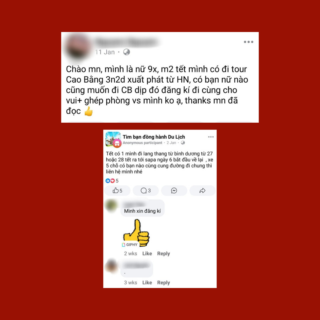 Trong các hội nhóm, không khó để bắt gặp các bài đăng tìm kiếm người đồng hành du lịch mùa Tết. Ảnh chụp màn hình