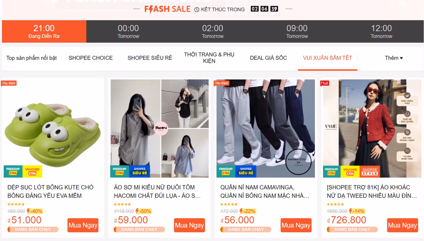 Dịp Tết cận kề cũng là lúc các sàn thương mại điện tử như Shopee bùng nổ các ưu đãi giảm giá. Ảnh: Chụp màn hình Dịp Tết cận kề cũng là lúc các sàn thương mại điện tử như Shopee bùng nổ các ưu đãi giảm giá. Ảnh: Chụp màn hình