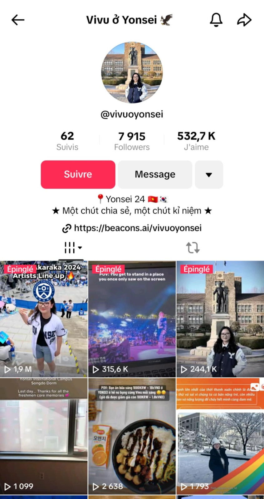 Kênh TikTok “Vivu ở Yonsei” thu hút hàng trăm nghìn lượt like.