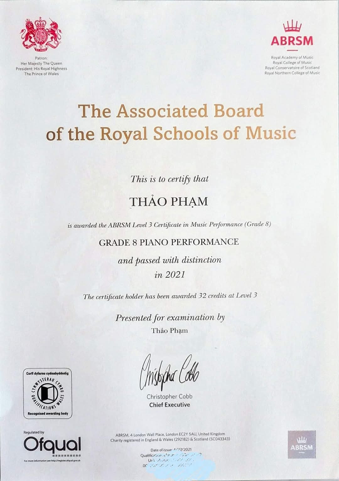 Phương Thảo chinh phục Grade 8 chứng chỉ ABRSM loại Xuất sắc (Distinction). Phương Thảo chinh phục Grade 8 chứng chỉ ABRSM loại Xuất sắc (Distinction).