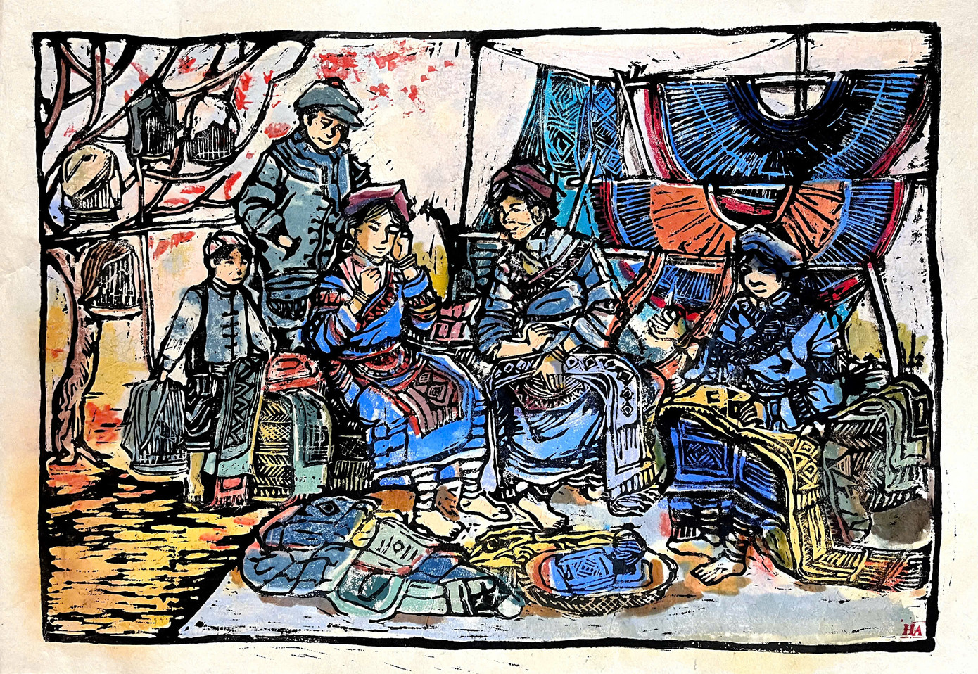 Bức tranh “Chợ phiên” được trưng bày tại Triển lãm Mỹ thuật Hải Phòng 2023.