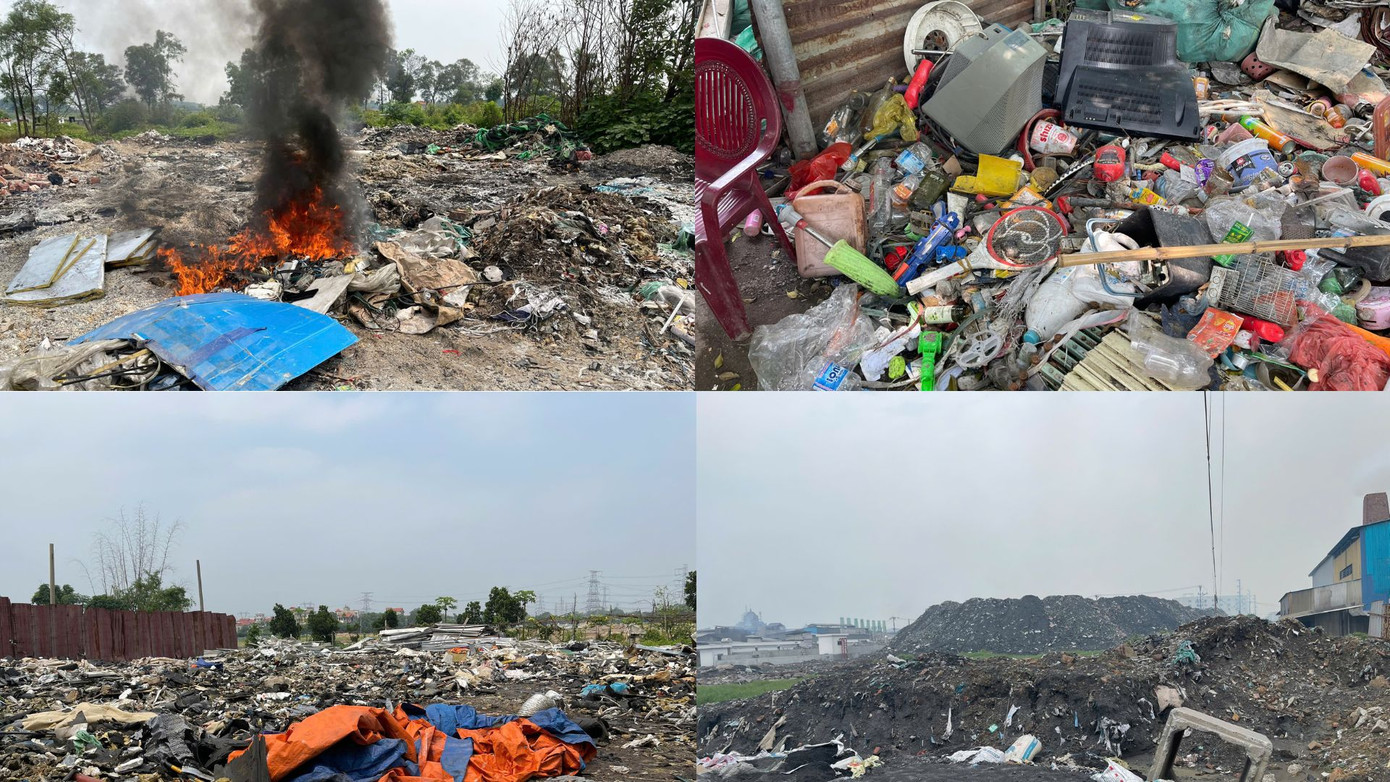 Nhóm sinh viên báo chí ghi nhận rác thải điện tử bị đốt lộ thiên ngay giữa bãi phế liệu – khói đen cuộn lên mang theo các chất độc hại, gây ô nhiễm không khí nghiêm trọng và tiềm ẩn nguy cơ ung thư cho cư dân địa phương.