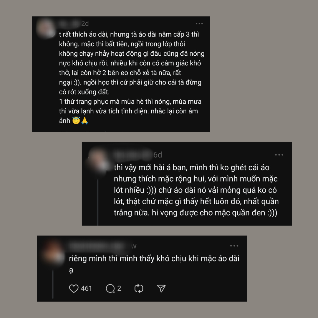 Một số bình luận trên Thread về trải nghiệm mặc áo dài cấp 3 của Gen Z. Ảnh: Chụp màn hình