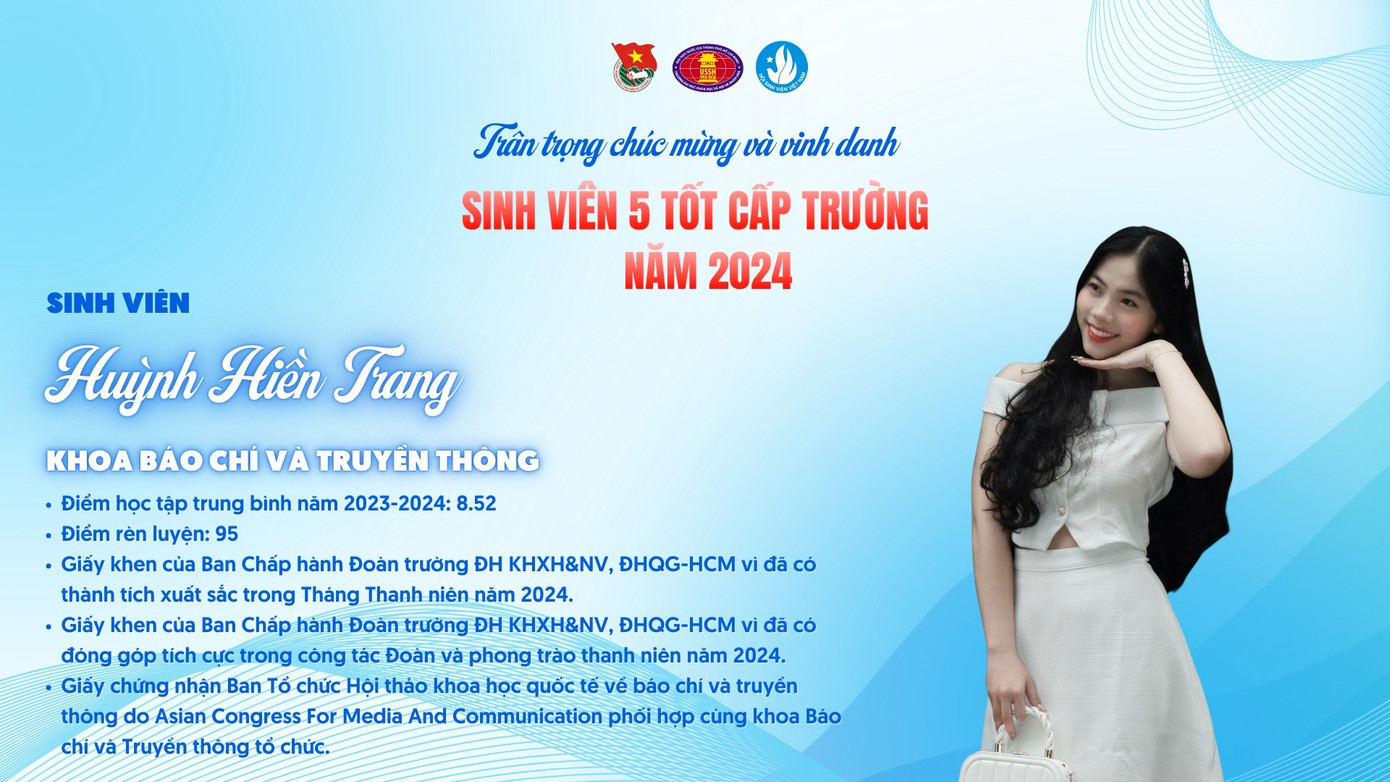 Hiền Trang đạt danh hiệu “Sinh viên 5 tốt” cấp trường. Hiền Trang đạt danh hiệu “Sinh viên 5 tốt” cấp trường.