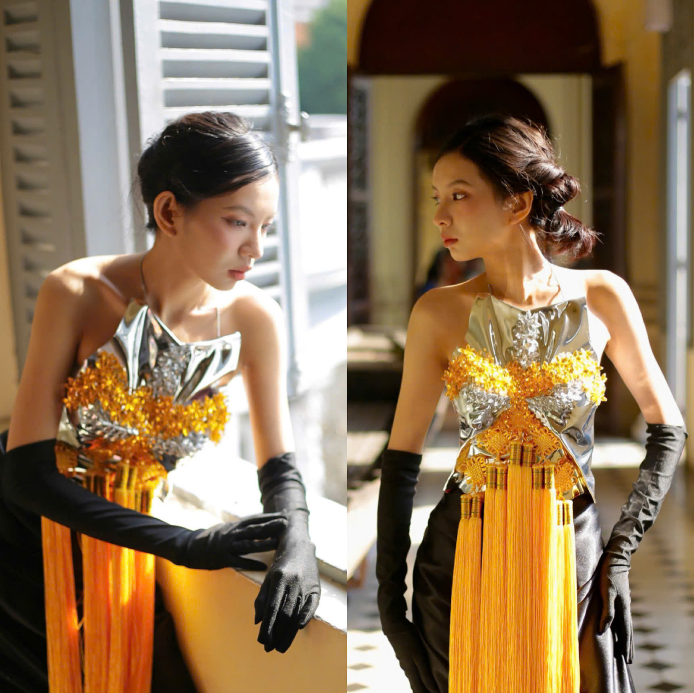 Mẫu thiết kế áo yếm cách tân từ kim loại, được nhấn nhá bằng họa tiết hoa mai đá tinh xảo, kết hợp cùng găng tay thời trang, tạo nên vẻ đẹp độc đáo và phá cách trong sáng tạo của Quang Khải. Mẫu thiết kế áo yếm cách tân từ kim loại, được nhấn nhá bằng họa tiết hoa mai đá tinh xảo, kết hợp cùng găng tay thời trang, tạo nên vẻ đẹp độc đáo và phá cách trong sáng tạo của Quang Khải.