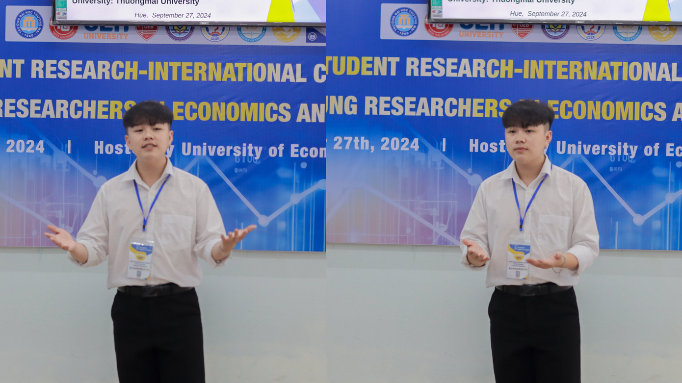 Hữu Lương trình bày báo cáo đề tài nghiên cứu bằng Tiếng Anh tại Hội thảo khoa học Quốc tế SR-ICYREB 2024 tại Huế.