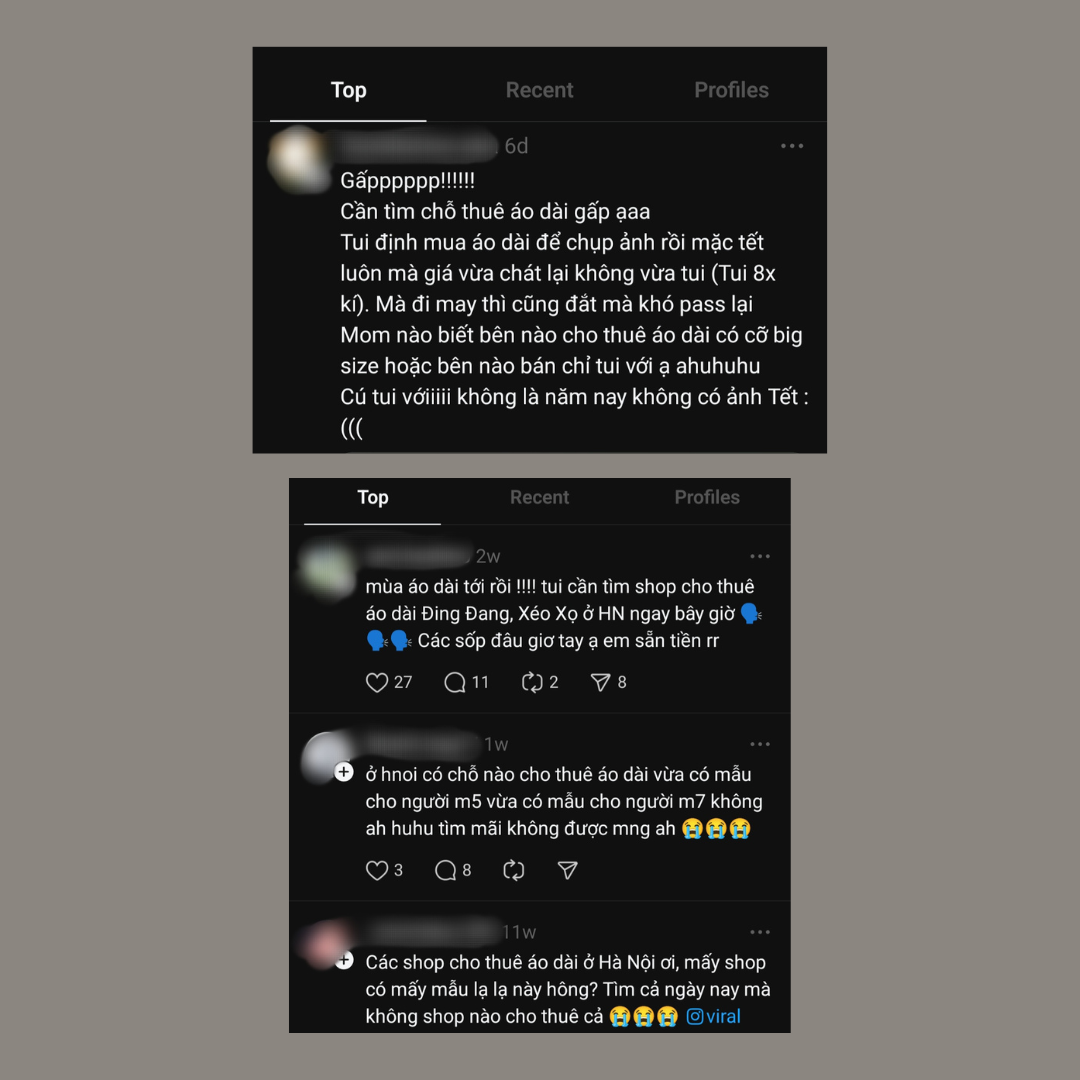 Nhiều bạn trẻ đổ xô đăng bài tìm kiếm địa chỉ thuê áo dài Tết trên mạng xã hội. Ảnh: Chụp màn hình