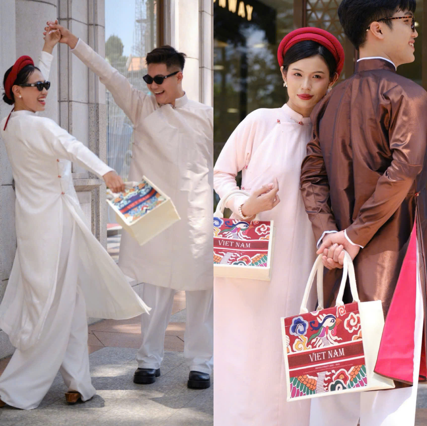 Mẫu thiết kế của Quang Khải mang phong cách Việt phục cách tân, kết hợp cùng phụ kiện túi in họa tiết truyền thống Việt Nam, tạo nên vẻ đẹp dung hòa giữa nét cổ điển và phong cách đời thường của giới trẻ. Mẫu thiết kế của Quang Khải mang phong cách Việt phục cách tân, kết hợp cùng phụ kiện túi in họa tiết truyền thống Việt Nam, tạo nên vẻ đẹp dung hòa giữa nét cổ điển và phong cách đời thường của giới trẻ.