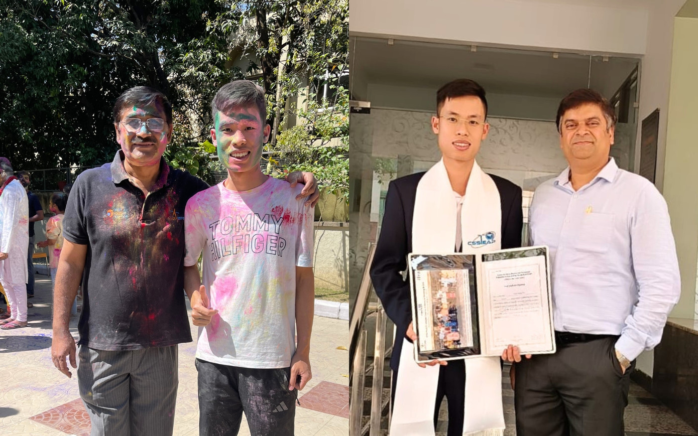 Mạnh cùng Giám đốc IIRS tại lễ hội ném bột màu Holi (ảnh trái) và giáo sư hướng dẫn tại IIRS trong ngày tốt nghiệp (ảnh phải). Mạnh cùng Giám đốc IIRS tại lễ hội ném bột màu Holi (ảnh trái) và giáo sư hướng dẫn tại IIRS trong ngày tốt nghiệp (ảnh phải).