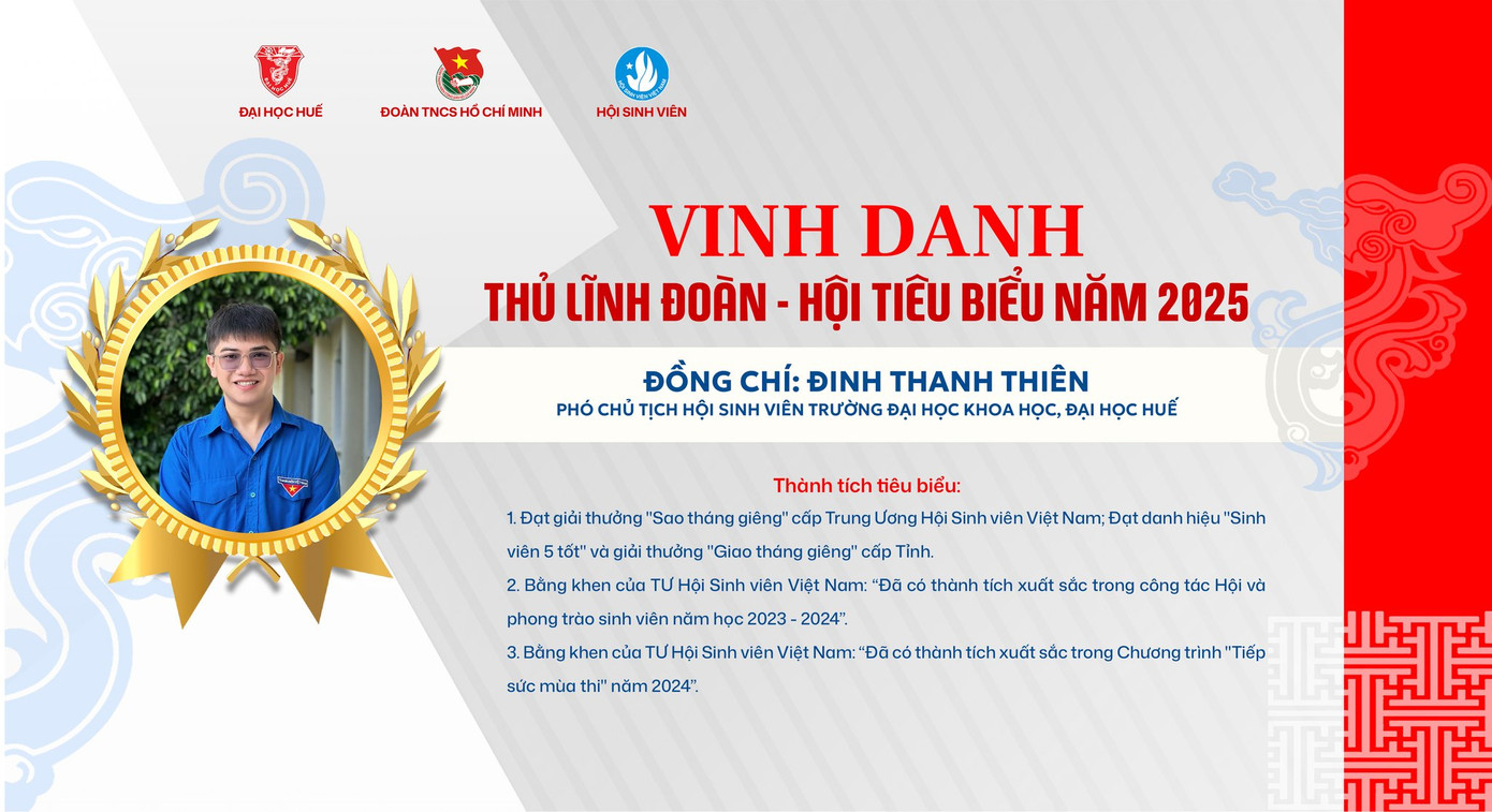 Được vinh danh Thủ lĩnh Đoàn – Hội tiêu biểu cấp Đại học Huế năm 2025.