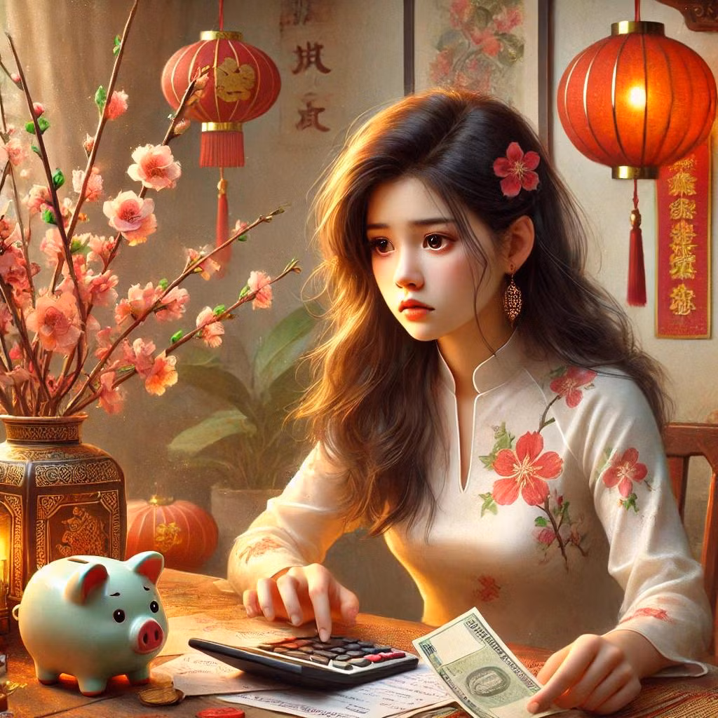 Gánh nặng ngày Tết của các bạn trẻ xoay quanh vấn đề tài chính. (Ảnh minh họa AI) Gánh nặng ngày Tết của các bạn trẻ xoay quanh vấn đề tài chính. (Ảnh minh họa AI)