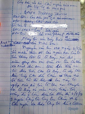 Lá đơn tường trình lại mọi chuyện của ông N.B