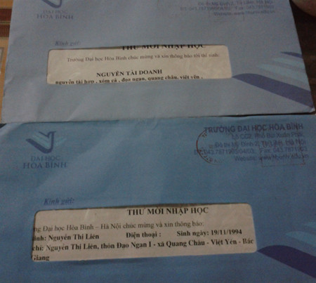 Thư mời nhập học của ĐH Hòa Bình gửi cho mẹ con chị Liên 