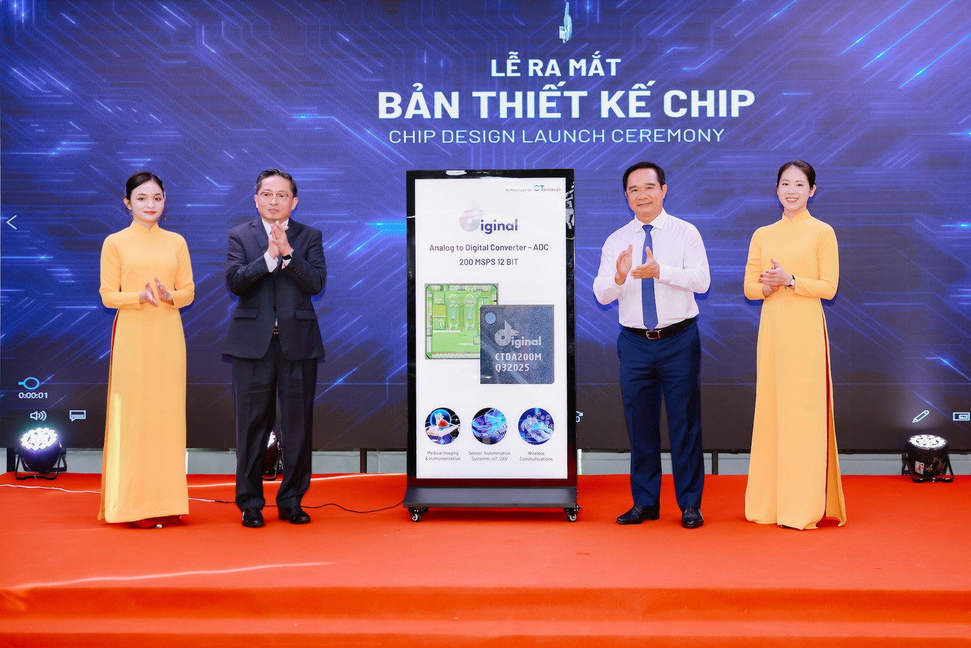 Đồng chí Nguyễn Văn Được - Ủy viên Trung ương Đảng, Phó Bí thư Thành ủy, Chủ tịch UBND TP.HCM (bên phải) và ông Trần Kim Chung - Chủ tịch Tập Đoàn CT Group tại Lễ ra mắt bản thiết kế chip IoT của người Việt.