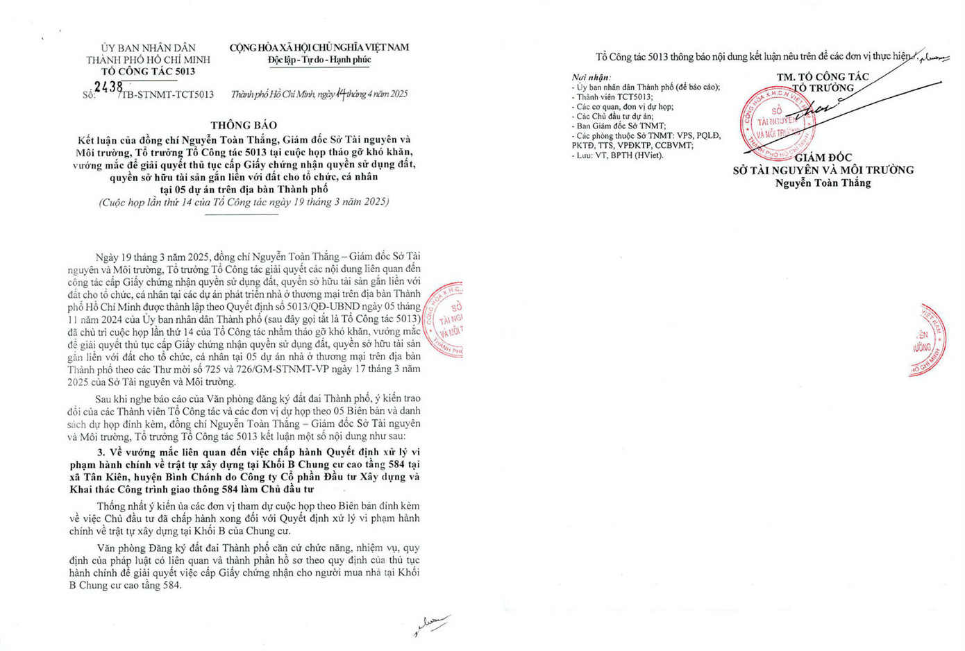 Văn bản thông báo về việc chấp thuận cấp giấy chứng nhận cho người mua căn hộ Conic Boulevard