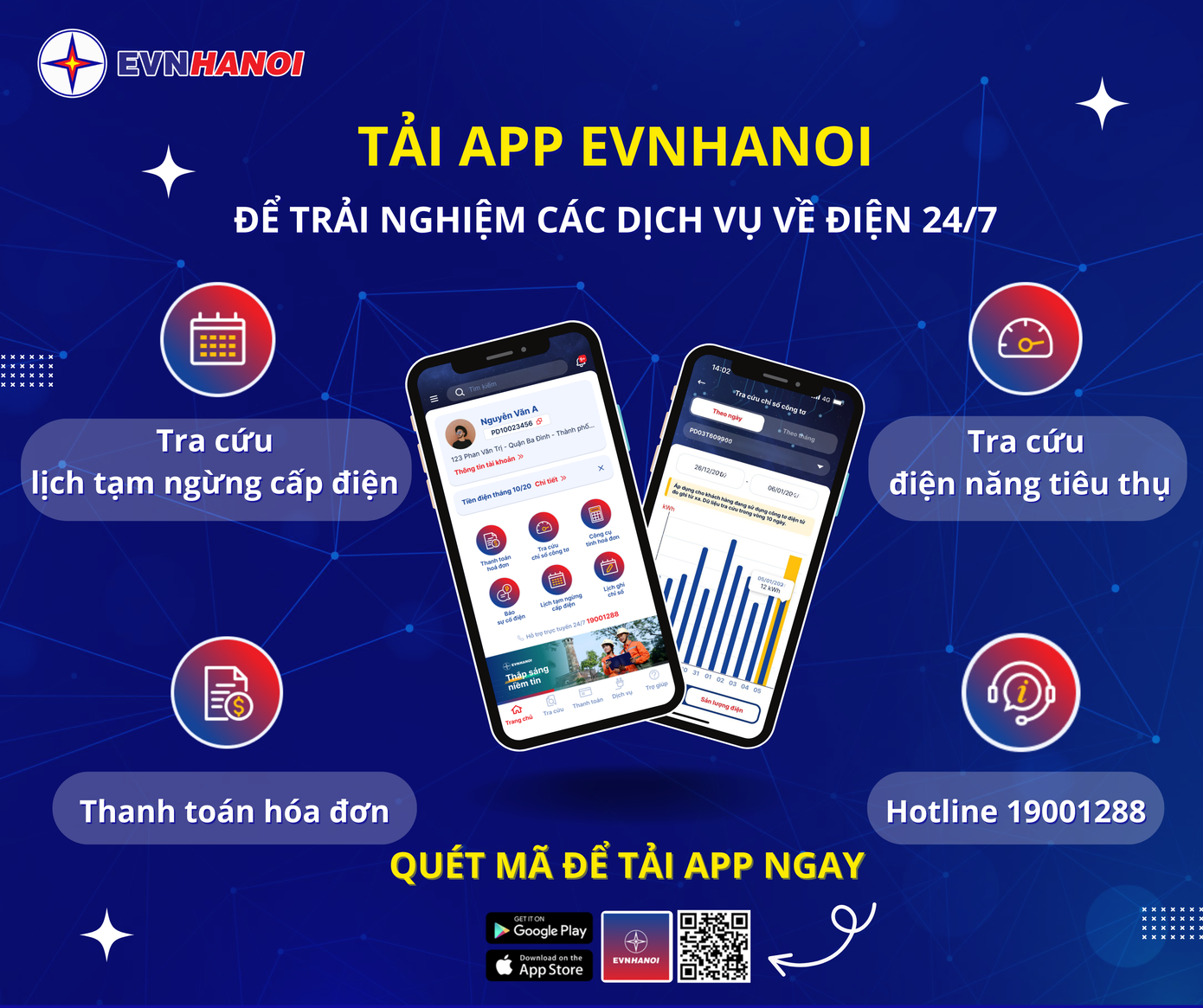 Tải App EVNHANOI để trải nghiệm dịch vụ 24/7 Tải App EVNHANOI để trải nghiệm dịch vụ 24/7