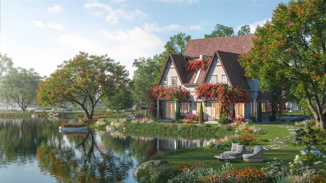 Những căn biệt thự tại Đảo Hoa Ý nhìn ra hồ nước trong xanh.