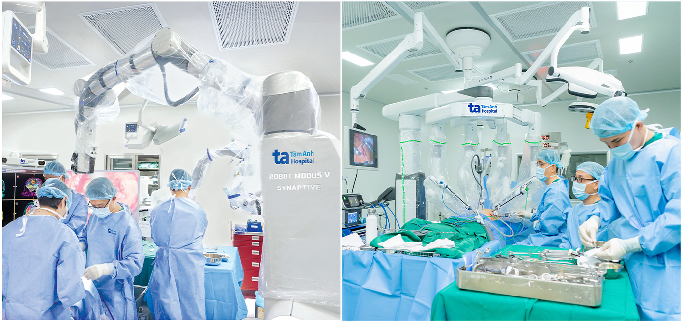 BVĐK Tâm Anh là cơ sở y tế duy nhất tại Việt Nam thực hiện thành công hàng trăm ca phẫu thuật bệnh thần kinh, sọ não, tủy sống… bằng robot Modus V Synaptive ứng dụng trí tuệ nhân tạo (AI); trang bị Robot Da Vinci Xi hiện đại hàng đầu thế giới.