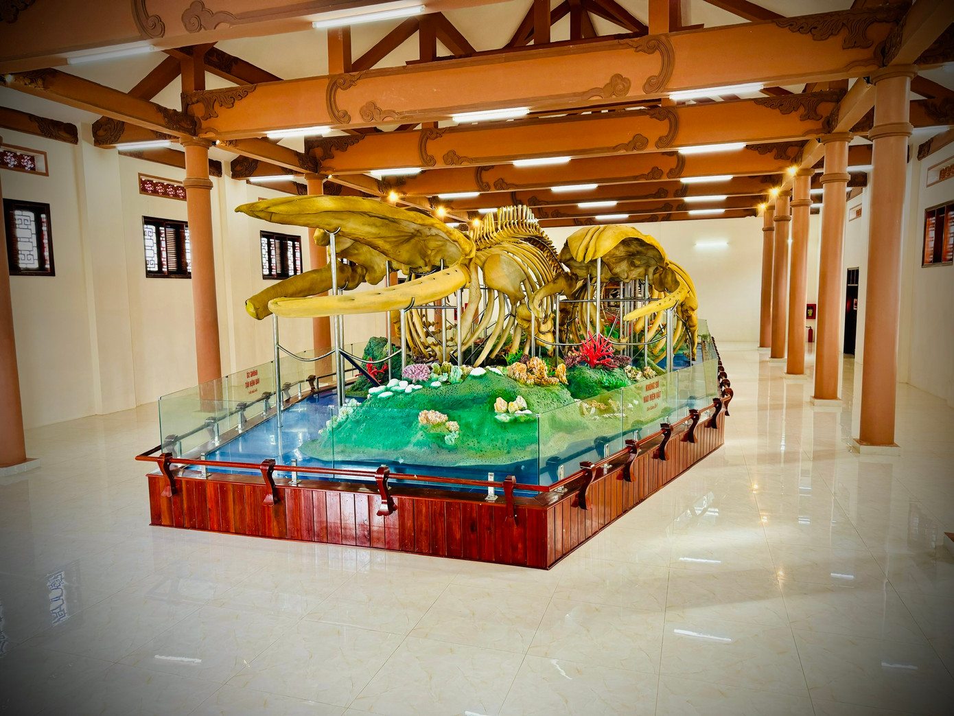 Hai bộ xương cá voi được trưng bày tại Di tích Lăng Tân (đặc khu Lý Sơn). Ảnh: Bình An Hai bộ xương cá voi được trưng bày tại Di tích Lăng Tân (đặc khu Lý Sơn). Ảnh: Bình An