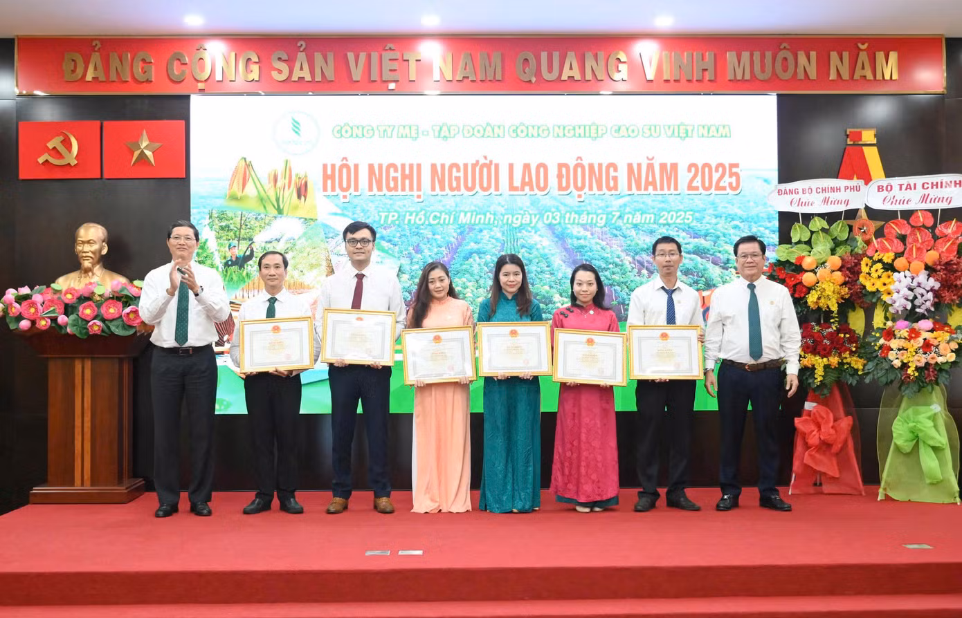Ông Lê Thanh Hưng – Phó Bí thư Đảng ủy, TV HĐQT, TGĐ Tập đoàn (bên phải) và ông Hà Văn Khương – Phó Bí thư Thường trực Đảng ủy, TV HĐQT Tập đoàn tặng Bằng khen của Chủ tịch Ủy ban Quản lý vốn Nhà nước tại doanh nghiệp cho các cá nhân đã có thành tích xuất sắc trong công tác giai đoạn 2022-2023